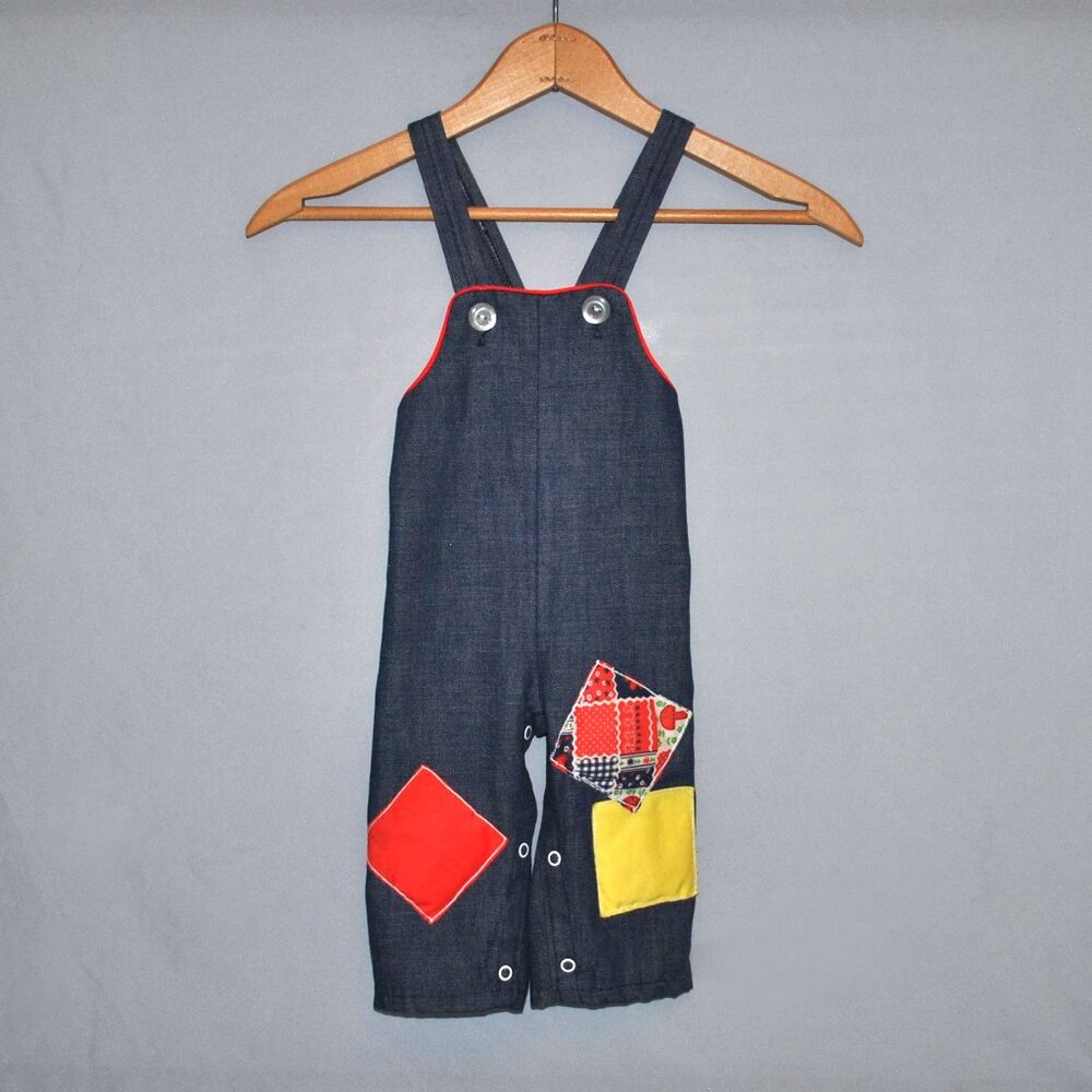 Vintage Baby Overalls Size 18 Months Blue Denim w/ Patches Retro 70s 80s
